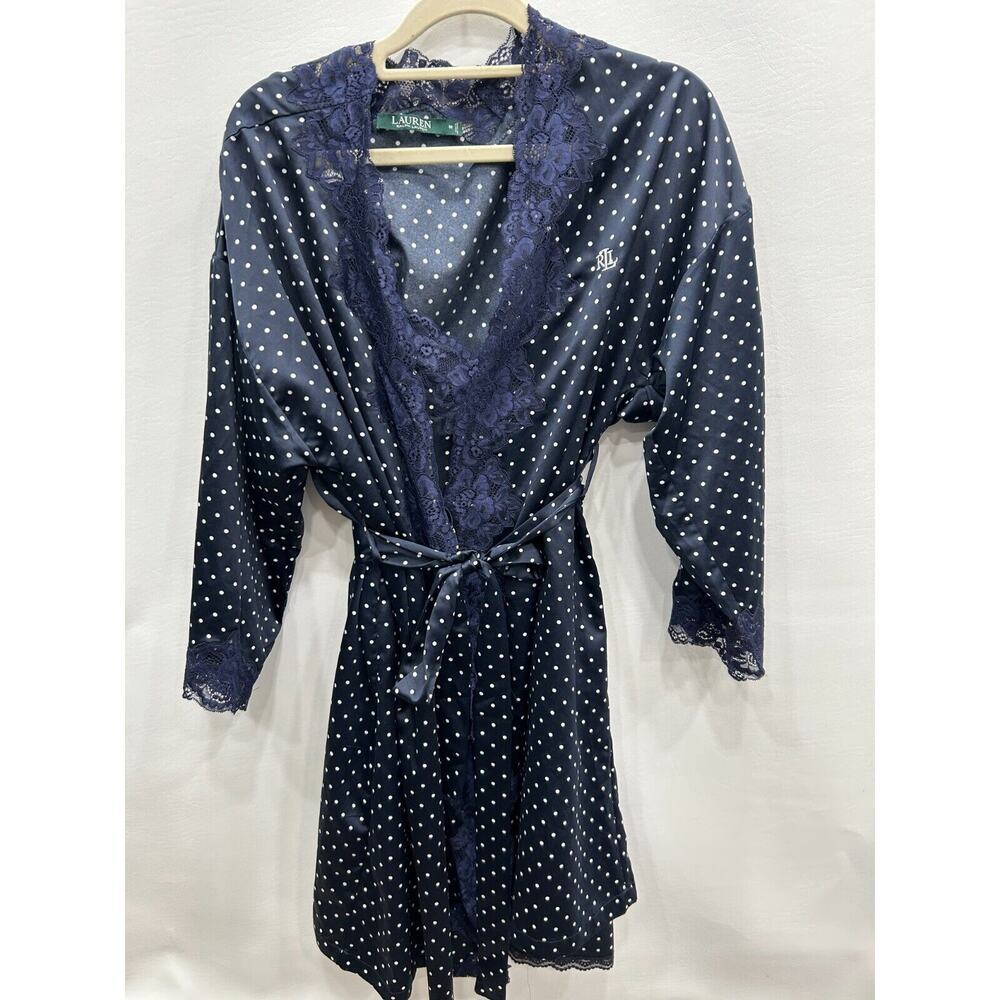 Lauren Ralph Lauren Womens Blue Polka‎ Dot Nightgown Robe Set Lace Trim Size M